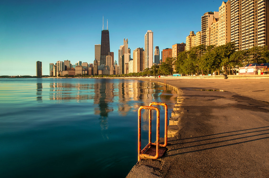 Chicago riverwalk at sunset